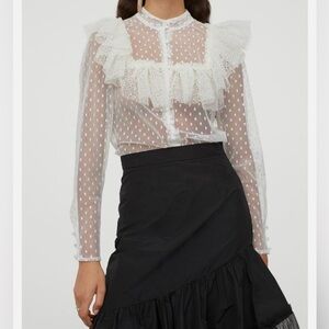 SANDRA MANSOUR x H&M Flounced Tulle Sheer Off White Lace Victorian Blouse EUC M